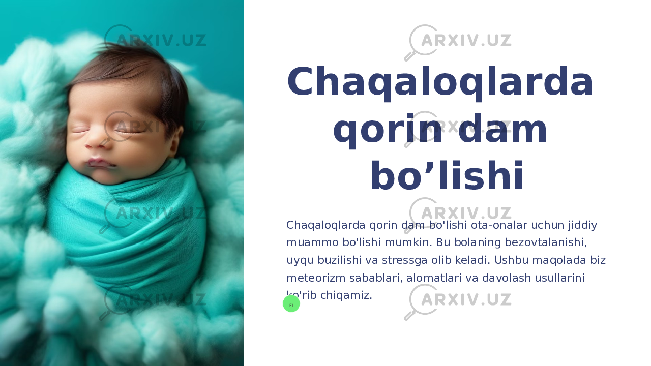 Chaqaloqlarda qorin dam bo’lishi Chaqaloqlarda qorin dam bo&#39;lishi ota-onalar uchun jiddiy muammo bo&#39;lishi mumkin. Bu bolaning bezovtalanishi, uyqu buzilishi va stressga olib keladi. Ushbu maqolada biz meteorizm sabablari, alomatlari va davolash usullarini ko&#39;rib chiqamiz. FI 