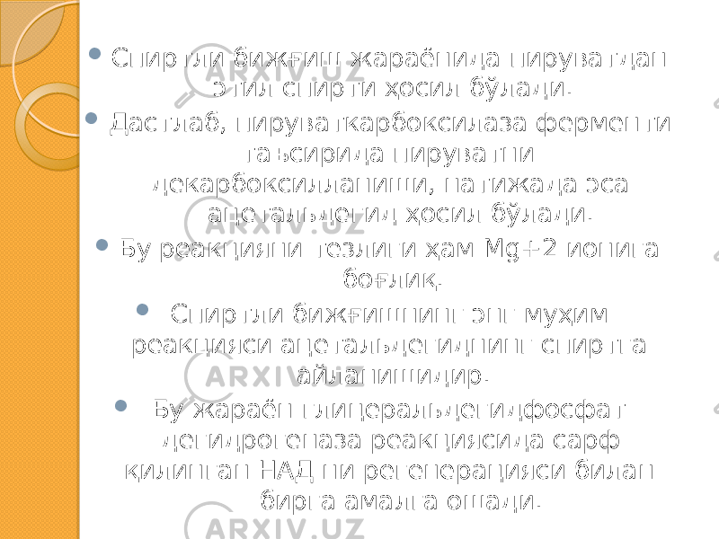  Спиртли бижғиш жараёнида пируватдан этил спирти ҳосил бўлади.  Дастлаб, пируваткарбоксилаза ферменти таъсирида пируватни декарбоксилланиши, натижада эса ацетальдегид ҳосил бўлади.  Бу реакцияни тезлиги ҳам Мg+2 ионига боғлиқ.  Спиртли бижғишнинг энг муҳим реакцияси ацетальдегиднинг спиртга айланишидир.  Бу жараён глицеральдегидфосфат дегидрогеназа реакциясида сарф қилинган НАД ни регенерацияси билан бирга амалга ошади. 