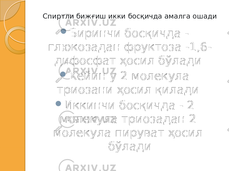 Cпиртли бижғиш икки босқичда амалга ошади  Биринчи босқичда - глюкозадан фруктоза -1,6- дифосфат ҳосил бўлади.  Кейин у 2 молекула триозани ҳосил қилади.  Иккинчи босқичда - 2 молекула триозадан 2 молекула пируват ҳосил бўлади 