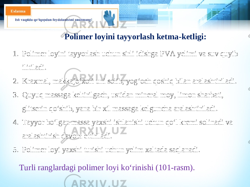 Polimer loyini tayyorlash ketma-ketligi: 1. Polimer loyini tayyorlash uchun sirli idishga PVA yelimi va suv quyib ilitiladi. 2. Kraxmal, makkajo‘xori uni solib, yog‘och qoshiq bilan aralashtiriladi. 3. Quyuq massaga keltirilgach, ustidan mineral moy, limon sharbati, glitserin qo‘shib, yana bir xil massaga kelguncha aralashtiriladi. 4. Tayyor bo‘lgan massa yaxshi ishlanishi uchun qo‘l kremi solinadi va aralashtirish davom ettiriladi. 5. Polimer loyi yaxshi turishi uchun yelim xaltada saqlanadi. Turli ranglardagi polimer loyi ko‘rinishi (101-rasm). 