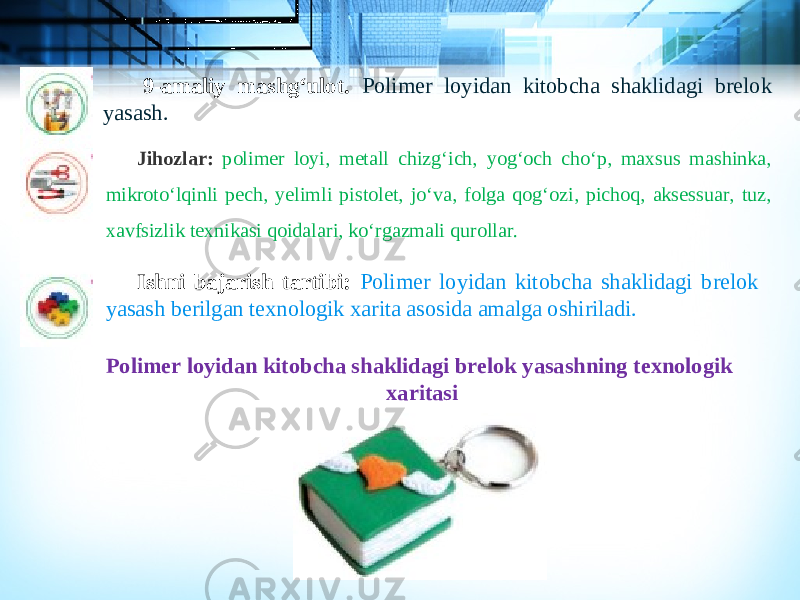 9-amaliy mashg‘ulot. Polimer loyidan kitobcha shaklidagi brelok yasash. Jihozlar: polimer loyi, metall chizg‘ich, yog‘och cho‘p, maxsus mashinka, mikroto‘lqinli pech, yelimli pistolet, jo‘va, folga qog‘ozi, pichoq, aksessuar, tuz, xavfsizlik texnikasi qoidalari, ko‘rgazmali qurollar. Ishni bajarish tartibi: Polimer loyidan kitobcha shaklidagi brelok yasash berilgan texnologik xarita asosida amalga oshiriladi. Polimer loyidan kitobcha shaklidagi brelok yasashning texnologik xaritasi 