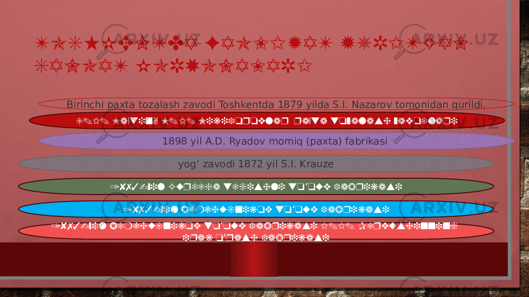 TOSHKENTDA FAOLIYAT YURITGAN SANOAT KORXONALARI Birinchi paxta tozalash zavodi Toshkentda 1879 yilda S.I. Nazarov tomonidan qurildi. S.I. Laxtin, M.I. Nikiforovlar paxta tozalash zavodlari 1898 yil A.D. Ryadov momiq (paxta) fabrikasi  yog‘ zavodi 1872 yil S.I. Krauze 1873-yil Gurdega tegishli to quv fabrikasi ‘ 1873-yil Jemchujnikov to quv fabrikasi ‘ 1873-yil Jemchujnikov to quv fabrikasi I.I. Pervushinning ‘ ipak o rash fabrikasi ‘ 