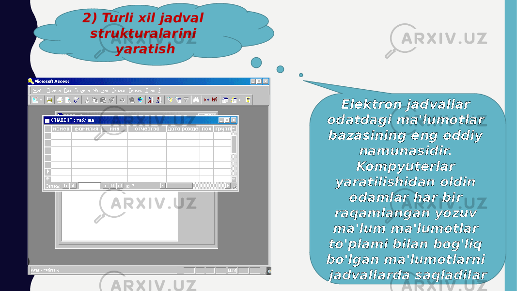 2) Turli xil jadval strukturalarini yaratish Elektron jadvallar odatdagi ma&#39;lumotlar bazasining eng oddiy namunasidir. Kompyuterlar yaratilishidan oldin odamlar har bir raqamlangan yozuv ma&#39;lum ma&#39;lumotlar to&#39;plami bilan bog&#39;liq bo&#39;lgan ma&#39;lumotlarni jadvallarda saqladilar 