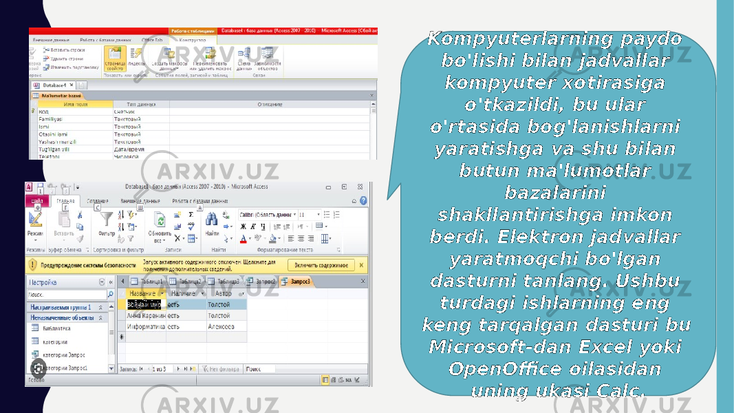 Kompyuterlarning paydo bo&#39;lishi bilan jadvallar kompyuter xotirasiga o&#39;tkazildi, bu ular o&#39;rtasida bog&#39;lanishlarni yaratishga va shu bilan butun ma&#39;lumotlar bazalarini shakllantirishga imkon berdi. Elektron jadvallar yaratmoqchi bo&#39;lgan dasturni tanlang. Ushbu turdagi ishlarning eng keng tarqalgan dasturi bu Microsoft-dan Excel yoki OpenOffice oilasidan uning ukasi Calc. 