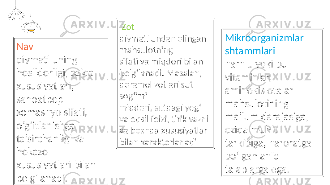 Nav qiymati uning hosildorligi, oziqa xususiyatlari, sanoatbop xomashyo sifati, o‘g‘itlanishga ta’sirchanligi va hokazo xususiyatlari bilan belgilanadi. Zot qiymati undan olingan mahsulotning sifati va miqdori bilan belgilanadi. Masalan, qoramol zotlari sut sog‘imi miqdori, sutdagi yog‘ va oqsil foizi, tirik vazni va boshqa xususiyatlar bilan xarakterlanadi. Mikroorganizmlar shtammlari ham u yoki bu vitaminlar, aminokislotalar mahsulotining ma’lum darajasiga, oziqa muhit tarkibiga, haroratga bo‘lgan aniq talablarga ega. 