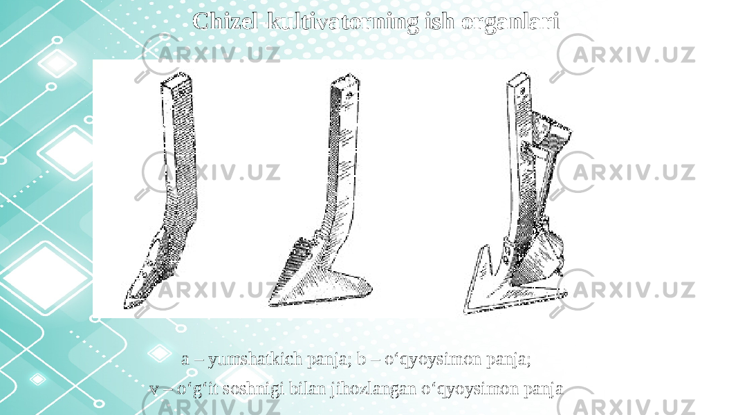 Chizel-kultivatorning ish organlari a – yumshatkich panja; b – o‘qyoysimon panja; v – o‘g‘it soshnigi bilan jihozlangan o‘qyoysimon panja 