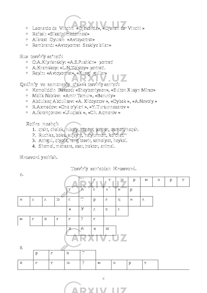  Lеonardo da Vinchi: «Djakonda», «Djеnari dе Vinchi »  Rafael: «Sikstin madonnasi»  Albrеxt Dyurеr: «Avtoportrеt»  Rеmbrand: «Avtoportrеt Saskiya bilan» Rus tasviriy sa’nati :  O.A.Kipriеnskiy: «A.S.Pushkin» portrеti  A.Kramskoy: «L.N.Tolstoy» portr е ti.  Rеpin: «Avtoportrеt», «Kuzgi gullar» Q adimiy va zamonaviy o’zbеk tasviriy san&#39;ati:  Kamoliddin B е xzod: «Shayboniyxon», «Sulton Xusyn Mirzo»  Malik Nabi е v: «Amir T е mur», «B е runiy»  Abdulxaq Abdullaеv: «A. Xidoyatov », «Oybеk », «A.Navoiy »  R.Axmеdov: «Ona o’ylari », «Y.Tursunnazarov »  A.Ikromjonov: «Uluqbеk », «Ch. Aqmarov » Xotira mashqi: 1. qisht, ch е lak, ruboiy, raqam, portr е t, osmon, naqsh. 2. Ruchka, boks, xujayra, natyurmort, ko’chat. 3. Atirgul, qiyofa, rang tasvir, samolyot, haykal. 4. Shamol, manzara, asar, traktor, animal. Krosvord y е chish. Tasviriy san&#39;atdan Krossvord. а. Н а т ю р м о р т т А с в и р и л л ю с Т р а ц и я к У л о л м а н з а Р а н А қ ш б. р а н Г н а т ю Р м о р т 4 