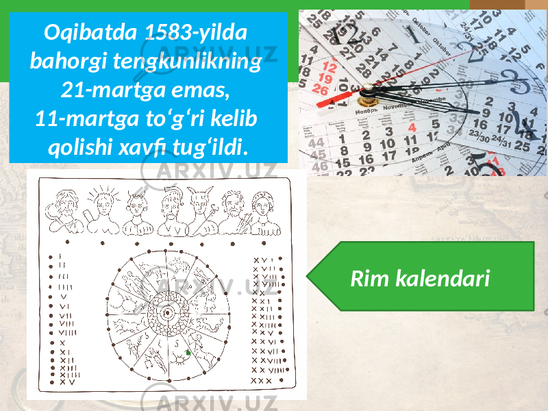 Oqibatda 1583-yilda bahorgi tengkunlikning 21-martga emas, 11-martga to‘g‘ri kelib qolishi xavfi tug‘ildi. Rim kalendari 