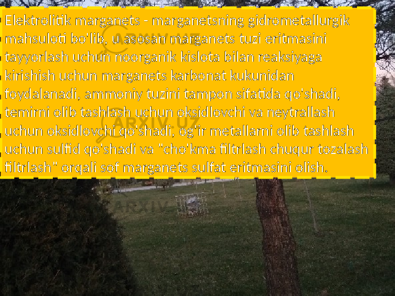 Elektrolitik marganets - marganetsning gidrometallurgik mahsuloti bo&#39;lib, u asosan marganets tuzi eritmasini tayyorlash uchun noorganik kislota bilan reaksiyaga kirishish uchun marganets karbonat kukunidan foydalanadi, ammoniy tuzini tampon sifatida qo&#39;shadi, temirni olib tashlash uchun oksidlovchi va neytrallash uchun oksidlovchi qo&#39;shadi, og&#39;ir metallarni olib tashlash uchun sulfid qo&#39;shadi va &#34;cho&#39;kma filtrlash chuqur tozalash filtrlash&#34; orqali sof marganets sulfat eritmasini olish. 