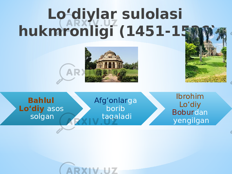 Lo ‘ diylar sulolasi hukmronligi (1451-1526) Bahlul Lo ‘ diy asos solgan Afg ‘ onlar ga borib taqaladi Ibrohim Lo ‘ diy Bobur dan yengilgan 