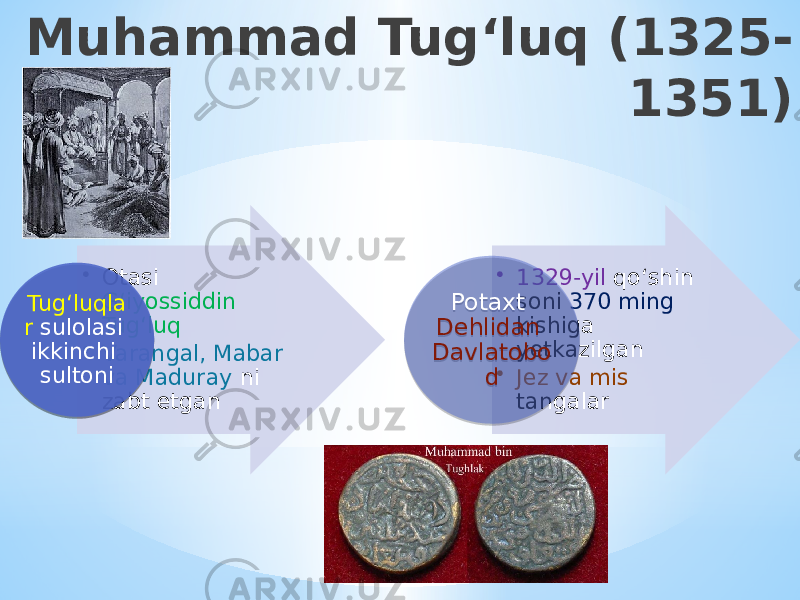 Muhammad Tug ‘ luq (1325- 1351) • Otasi G ‘ iyossiddin Tug ‘ luq • Varangal, Mabar va Maduray ni zabt etganTug ‘ luqla r sulolasi ikkinchi sultoni • 1329-yil qo ‘ shin soni 370 ming kishiga yetkazilgan • Jez va mis tangalarPotaxt Dehlidan Davlatobo d 35 07 0D 13 05 0C 05 2F 2815 2802 01 