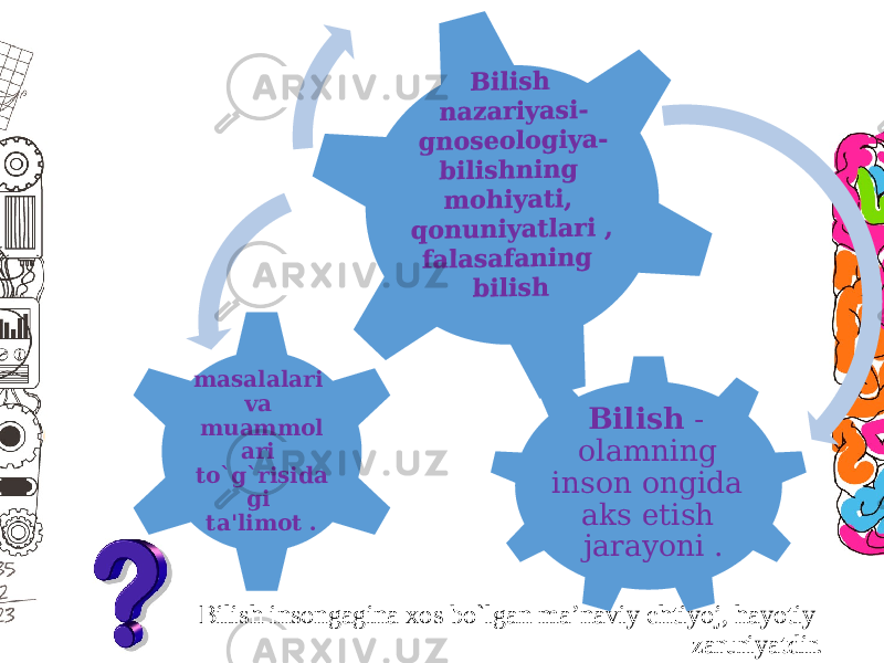 Bilish insongagina xos bo`lgan ma’naviy ehtiyoj, hayotiy zaruriyatdir. Bilish - olamning inson ongida aks etish jarayoni .masalalari va muammol ari to`g`risida gi ta&#39;limot . 