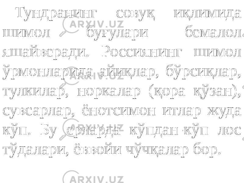 Тундранинг совуқ иқлимида шимол буғулари бемалол яшайверади. Россиянинг шимол ўрмонларида айиқлар, бўрсиқлар, тулкилар, норкалар (қора қўзан), сувсарлар, ёнотсимон итлар жуда кўп. Бу ерларда кўпдан-кўп лос тўдалари, ёввойи чўчқалар бор. 