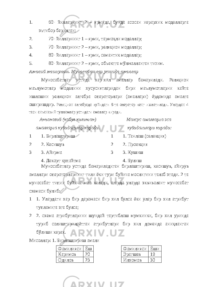 1. 60- йилларнинг 2 – ярмида, бунда асосан иерархик моделларга эътибор берилган; 2. 70- йилларни нг 1 – ярми, тармоқли моделлар; 3. 70- йилларнинг 2 – ярми, реляцион моделлар; 4. 80- йилларнинг 1 – ярми, семантик моделлар; 5. 80- йилларнинг 2 – ярми, объектга мўлжалланган тизим. Амалий машгулот. Муносабатлар устида амаллар Муносабатлар устида хар-хил амаллар бажарилади. Реляцион маълумотлар моделини хусусиятларидан бири маълумотларни кайта ишлашни реляцион алгебра операторлари (амаллари) ёрдамида амалга оширишдир. Реляцион алгебрада куйидаги 8 та оператор кенг ишлатилади. Улардан 4 таси анъанавий тупламлар устидаги амаллар киради. Анъанавий (кабул килинган) амалларга куйидагилар киради. 1 1. Бирлаштириш 2 2. Кесишув 3 3. Айирма 4. Декорт купайтма Махсус амалларга эса куйидагилари киради: 1 1. Танлаш (селекция) 2 2. Проекция 3 3. Кушиш 4. Булиш Муносабатлар устида бажариладиган бирлаштириш, кесишув, айирув амаллари операторларнинг тили ёки тури буйича мослигини талаб этади. 2 та муносабат типии буйича мос келади, агарда уларда эквивалент муносабат схемаси булиб: 1 1. Улардаги хар бир даражаси бир хил булса ёки улар бир хил атрибут тупламига эга булса; 2 2. схема атрибутларини шундай тартиблаш мумкинки, бир хил уринда туриб солиштирилаётган атрибутлари бир хил доменда аниқланган бўлиши керак. Мисоллар: 1. Бирлаштириш амали Фамилияси Ёш Фамилияси Ёши Каримов 20 Эрагшев 19 Одилов 23 Илхомов 30 