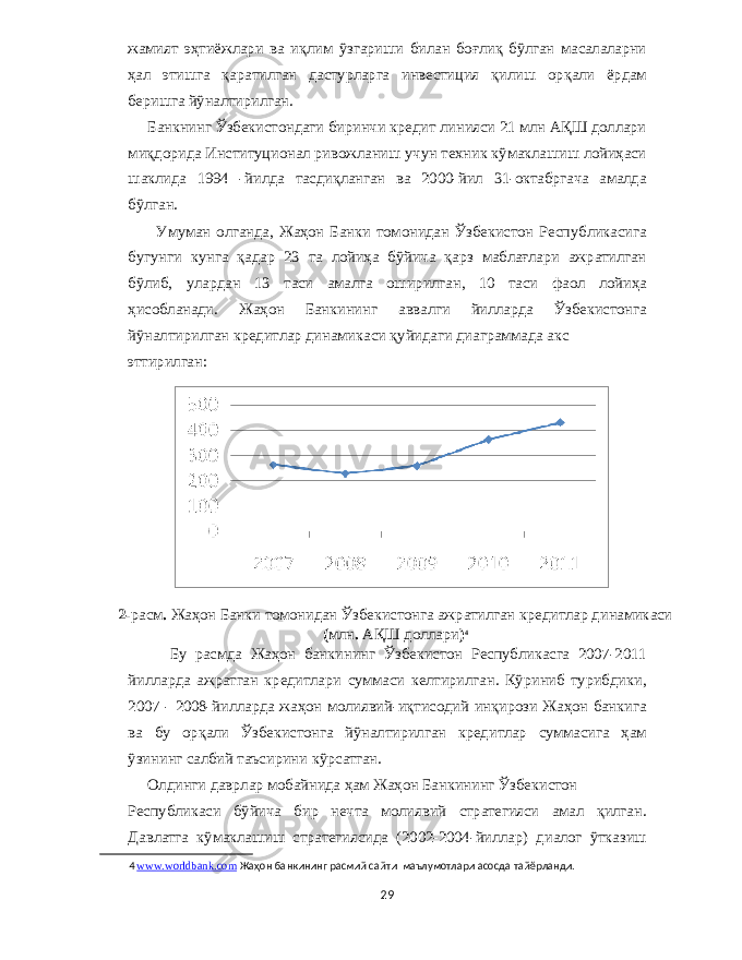 жамият эҳтиёжлари ва иқлим ўзгариши билан боғлиқ бўлган масалаларни ҳал этишга қаратилган дастурларга инвестиция қилиш орқали ёрдам беришга йўналтирилган . Банкнинг Ўзбекистондаги биринчи кредит линияси 21 млн АҚШ доллари миқдорида Институционал ривожланиш учун те x ник кўмаклашиш лойиҳаси шаклида 1994 - йилда тасдиқланган ва 2000- йил 31- октабргача амалда бўлган . Умуман олганда , Жаҳон Банки томонидан Ўзбекистон Республикасига бугунги кунга қадар 23 та лойиҳа бўйича қарз маблағлари ажратилган бўлиб , улардан 13 таси амалга оширилган , 10 таси фаол лойиҳа ҳисобланади . Жаҳон Банкининг аввалги йилларда Ўзбекистонга йўналтирилган кредитлар динамикаси қуйидаги диаграммада акс эттирилган : 2- расм . Жаҳон Банки томонидан Ўзбекистонга ажратилган кредитлар динамикаси ( млн . АҚШ доллари ) 4 Бу расмда Жаҳон банкининг Ўзбекистон Республикасга 2007-2011 йилларда ажратган кредитлари суммаси келтирилган . Кўриниб турибдики , 2007 - 2008- йилларда жаҳон молиявий - иқтисодий инқирози Жаҳон банкига ва бу орқали Ўзбекистонга йўналтирилган кредитлар суммасига ҳам ўзининг салбий таъсирини кўрсатган . Олдинги даврлар мобайнида ҳам Жаҳон Банкининг Ўзбекистон Республикаси бўйича бир нечта молиявий стратегияси амал қилган . Давлатга кўмаклашиш стратегиясида (2002-2004- йиллар ) диалог ўтказиш 4 www.worldbank.com Жаҳон банкининг расмий сайти маълумотлари асосда тайёрланди . 29 