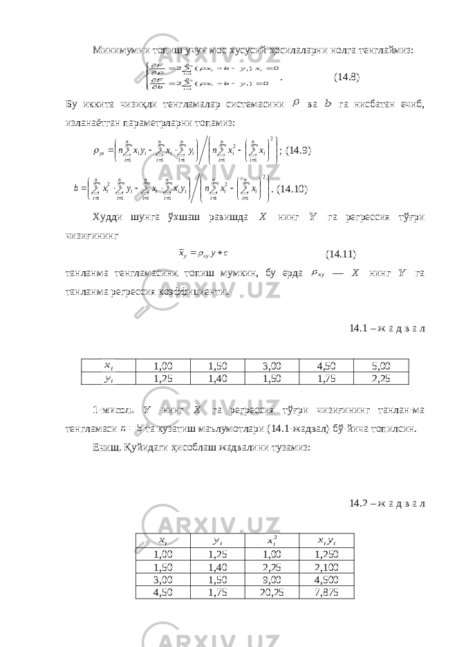 Минимумни топиш учун мос хусусий ҳосилаларни нолга тенглаймиз:                  0 ) ( 2 0 ) ( 2 1 1n i i i n i i i i y b x bF x y b x F    . (14.8) Бу иккита чизиқли тенгламалар системасини  ва b га нисбатан ечиб , изланаётган параметрларни топамиз:                                2 1 1 2 1 1 1 n i i n i i n i i n i i n i ii yx x x n y x yx n  ; (14.9)                                   2 1 1 2 1 1 1 1 2 n i i n i i n i ii n i i n i i n i i x x n yx x y x b . (14.10) Худди шунга ўхшаш равишда X нинг Y га регрессия тўғри чизиғининг c y x xy y   (14.11) танланма тенгламасини топиш мумкин, бу ерда xy — X нинг Y га танланма регрессия коэффициенти . 14.1 – ж а д в а л ix 1,00 1,50 3,00 4,50 5,00 iy 1,25 1,40 1,50 1,75 2,25 1-мисол. Y нинг X га регрессия тўғри чизиғининг танлан-ма тенгламаси 5  n та кузатиш маълумотлари (14.1-жадвал) бў-йича топилсин . Ечиш . Қуйидаги ҳисоблаш жадвалини тузамиз: 14.2 – ж а д в а л ix iy 2ix i iy x 1,00 1,25 1,00 1,250 1,50 1,40 2,25 2,100 3,00 1,50 9,00 4,500 4,50 1,75 20,25 7,875 