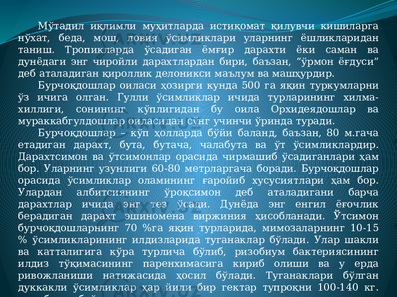 Мўтадил иқлимли муҳитларда истиқомат қилувчи кишиларга нўхат, беда, мош, ловия ўсимликлари уларнинг ёшликларидан таниш. Тропикларда ўсадиган ёмғир дарахти ёки саман ва дунёдаги энг чиройли дарахтлардан бири, баъзан, “ўрмон ёғдуси” деб аталадиган қироллик делоникси маълум ва машҳурдир. Бурчоқдошлар оиласи ҳозирги кунда 500 га яқин туркумларни ўз ичига олган. Гулли ўсимликлар ичида турларининг хилма- хиллиги, сонининг кўплигидан бу оила Орхидеядошлар ва мураккабгулдошлар оиласидан сўнг учинчи ўринда туради. Бурчоқдошлар – кўп ҳолларда бўйи баланд, баъзан, 80 м.гача етадиган дарахт, бута, бутача, чалабута ва ўт ўсимликлардир. Дарахтсимон ва ўтсимонлар орасида чирмашиб ўсадиганлари ҳам бор. Уларнинг узунлиги 60-80 метрларгача боради. Бурчоқдошлар орасида ўсимликлар оламининг ғаройиб хусусиятлари ҳам бор. Улардан албитсиянинг ўроқсимон деб аталадигани барча дарахтлар ичида энг тез ўсади. Дунёда энг енгил ёғочлик берадиган дарахт эшиномена виржиния ҳисобланади. Ўтсимон бурчоқдошларнинг 70 %га яқин турларида, мимозаларнинг 10-15 % ўсимликларининг илдизларида туганаклар бўлади. Улар шакли ва катталигига кўра турлича бўлиб, ризобиум бактериясининг илдиз тўқимасининг паренхимасига кириб олиши ва у ерда ривожланиши натижасида ҳосил бўлади. Туганаклари бўлган дуккакли ўсимликлар ҳар йили бир гектар тупроқни 100-140 кг. азот билан бойитади. 