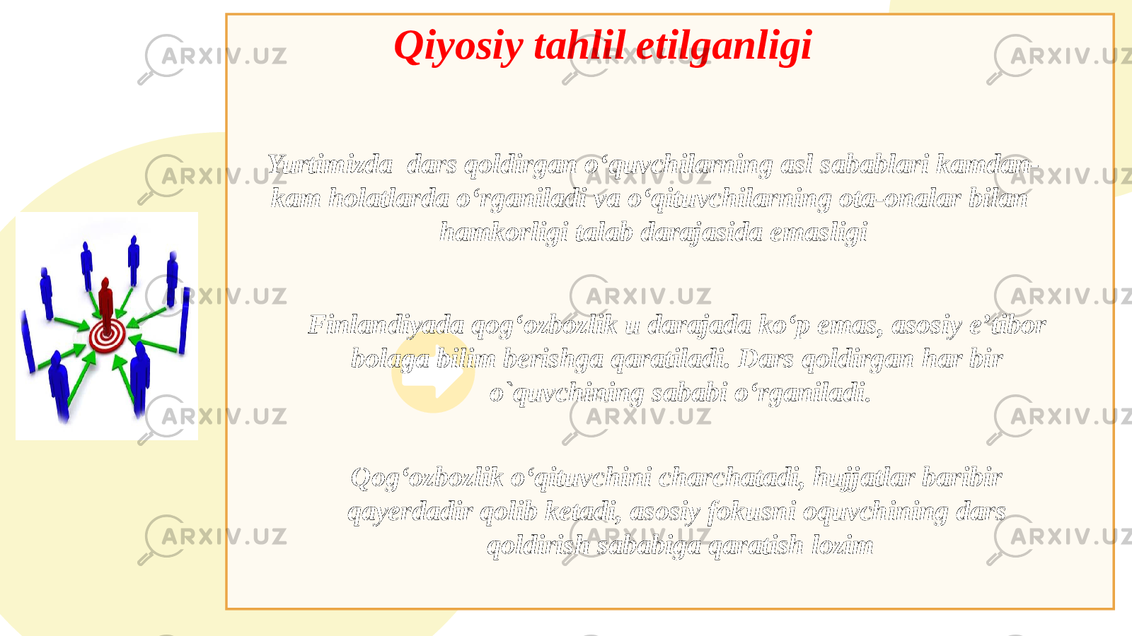 Qiyosiy tahlil etilganligi   Yurtimizda dars qoldirgan o‘quvchilarning asl sabablari kamdan- kam holatlarda o‘rganiladi va o‘qituvchilarning ota-onalar bilan hamkorligi talab darajasida emasligi Finlandiyada qog‘ozbozlik u darajada ko‘p emas, asosiy eʼtibor bolaga bilim berishga qaratiladi. Dars qoldirgan har bir o`quvchining sababi o‘rganiladi . Qog‘ozbozlik o‘qituvchini charchatadi, hujjatlar baribir qayerdadir qolib ketadi, asosiy fokusni oquvchining dars qoldirish sababiga qaratish lozim 