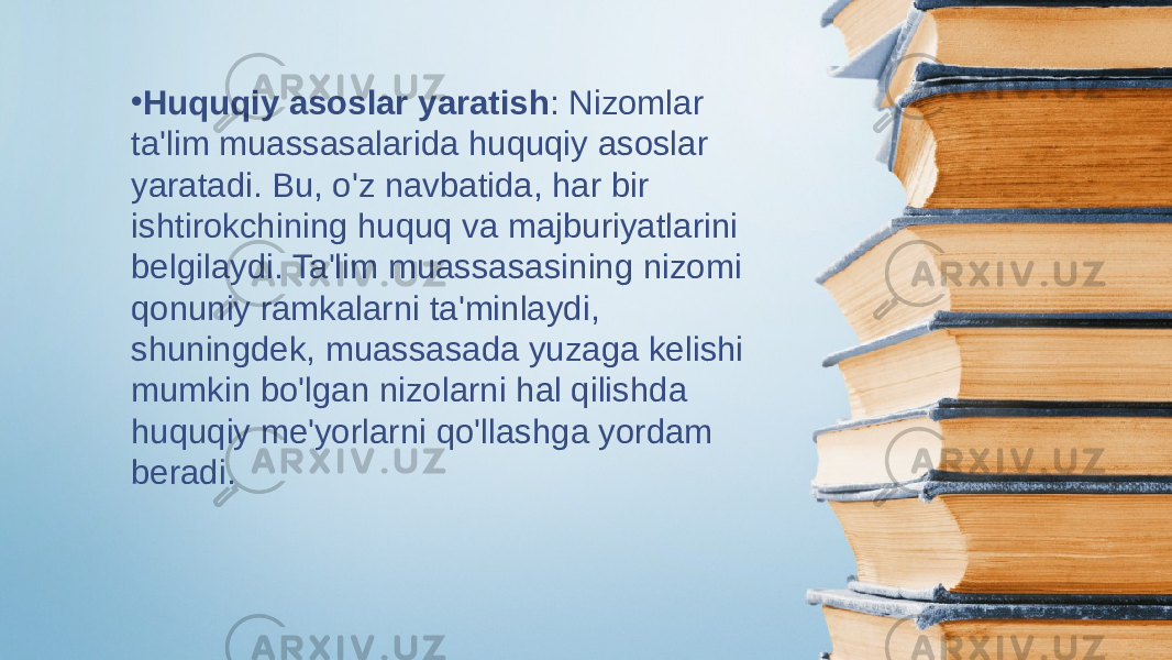 • Huquqiy asoslar yaratish : Nizomlar ta&#39;lim muassasalarida huquqiy asoslar yaratadi. Bu, o&#39;z navbatida, har bir ishtirokchining huquq va majburiyatlarini belgilaydi. Ta&#39;lim muassasasining nizomi qonuniy ramkalarni ta&#39;minlaydi, shuningdek, muassasada yuzaga kelishi mumkin bo&#39;lgan nizolarni hal qilishda huquqiy me&#39;yorlarni qo&#39;llashga yordam beradi. 