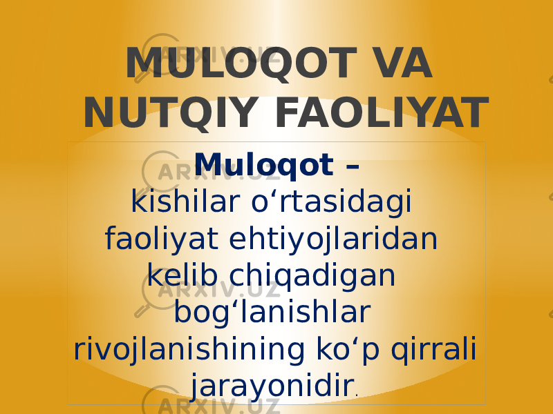 MULOQOT VA NUTQIY FAOLIYAT Muloqot – kishilar oʻrtasidagi faoliyat ehtiyojlaridan kelib chiqadigan bogʻlanishlar rivojlanishining koʻp qirrali jarayonidir .  