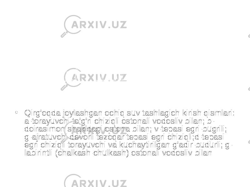 • Qirg’oqda joylashgan ochiq suv tashlagich kirish qismlari: a-torayuvchi to’g’ri chiziqli ostonali vodosliv bilan; b- doirasimon shakldagi ostona bilan; v-tepasi egri-bugrili; g-ajratuvchi devorli tezoqar tepasi egri chiziqli;d-tepasi egri chiziqli torayuvchi va kuchaytirilgan g’adir-budurli; g- labirintli (chalkash-chulkash) ostonali vodosliv bilan 