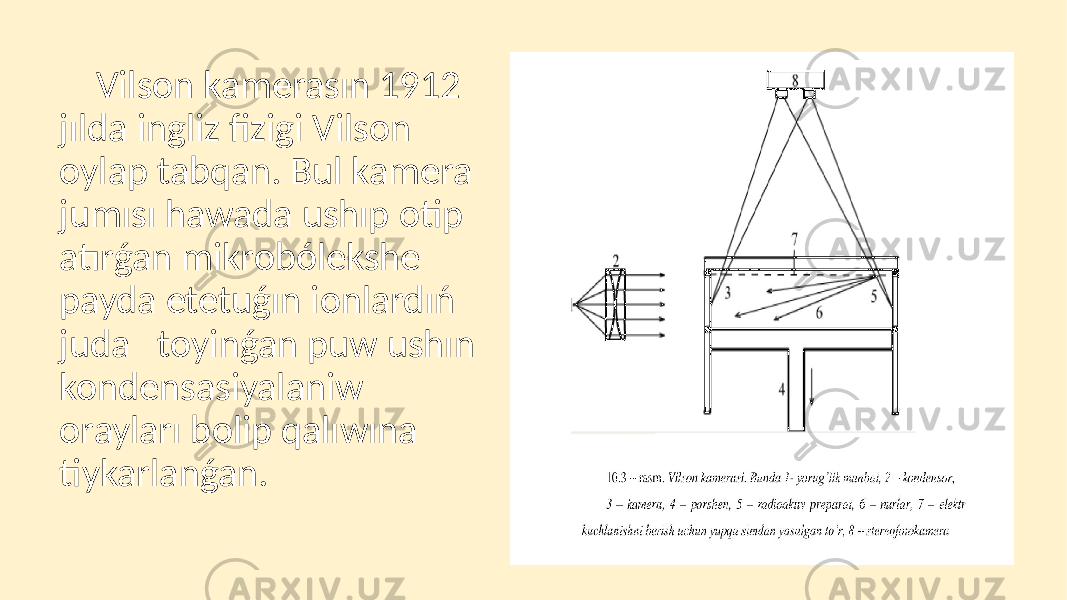  Vilson kamerasın 1912 jılda ingliz fizigi Vilson oylap tabqan. Bul kamera jumısı hawada ushıp otip atırǵan mikrobólekshe payda etetuǵın ionlardıń juda toyinǵan puw ushın kondensasiyalaniw orayları bolip qalıwına tiykarlanǵan. 