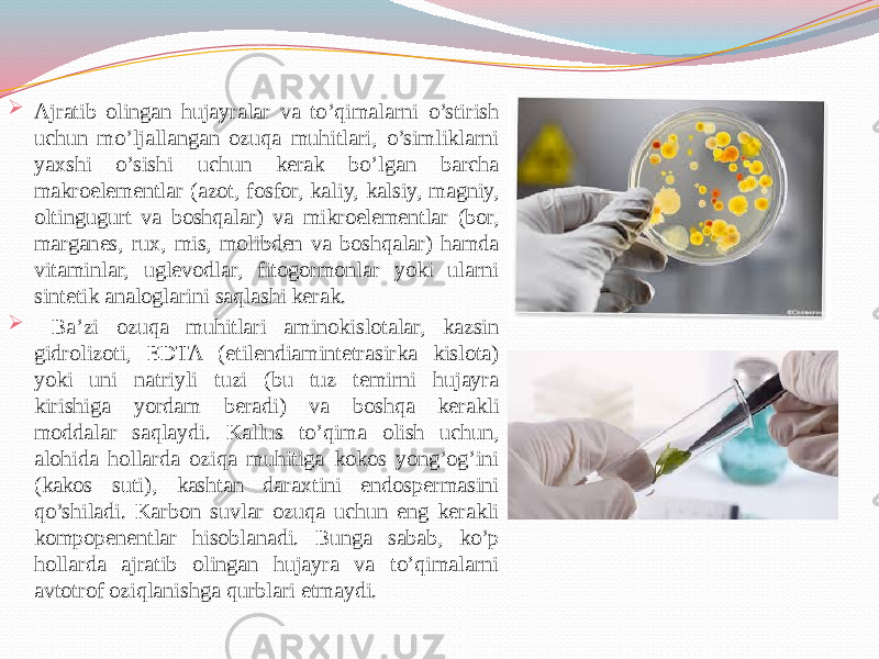  Ajratib olingan hujayralar va to’qimalarni o’stirish uchun mo’ljallangan ozuqa muhitlari, o’simliklarni yaxshi o’sishi uchun kerak bo’lgan barcha makroelementlar (azot, fosfor, kaliy, kalsiy, magniy, oltingugurt va boshqalar) va mikroelementlar (bor, marganes, rux, mis, molibden va boshqalar) hamda vitaminlar, uglevodlar, fitogormonlar yoki ularni sintetik analoglarini saqlashi kerak.  Ba’zi ozuqa muhitlari aminokislotalar, kazsin gidrolizoti, EDTA (etilendiamintetrasirka kislota) yoki uni natriyli tuzi (bu tuz temirni hujayra kirishiga yordam beradi) va boshqa kerakli moddalar saqlaydi. Kallus to’qima olish uchun, alohida hollarda oziqa muhitiga kokos yong’og’ini (kakos suti), kashtan daraxtini endospermasini qo’shiladi. Karbon suvlar ozuqa uchun eng kerakli kompopenentlar hisoblanadi. Bunga sabab, ko’p hollarda ajratib olingan hujayra va to’qimalarni avtotrof oziqlanishga qurblari etmaydi. 