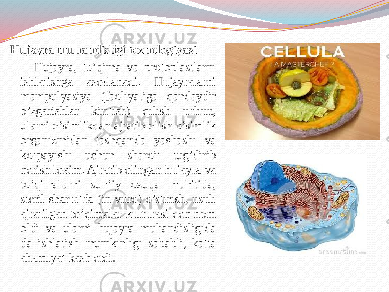 Hujayra muhandisligi texnologiyasi Hujayra, to’qima va protoplastlarni ishlatishga asoslanadi. Hujayralarni manipulyasiya (faoliyatiga qandaydir o’zgarishlar kiritish) qilish uchun, ularni o’simlikdan ajratib olish o’simlik organizmidan tashqarida yashashi va ko’payishi uchun sharoit tug’dirib berish lozim. Ajratib olingan hujayra va to’qimalarni sun’iy ozuqa muhitida, steril sharoitda (in vitro) o’stirish, usuli ajratilgan to’qimalar kulturasi deb nom oldi va ularni hujayra muhandisligida da ishlatish mumkinligi sababli, katta ahamiyat kasb etdi. 