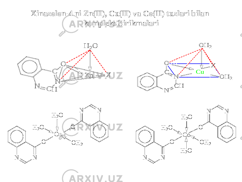 Xinazolon-4 ni Zn(II), Cu(II) va Co(II) tuzlari bilan kompleks birikmalariN N O N N O H 2O O H 2 H 2O C u O H 2 H 2O H 2O N N O N N O C o H 2O C u O H 2 N C H N C O X O H 2 C N C N O X Z n H 2O H 