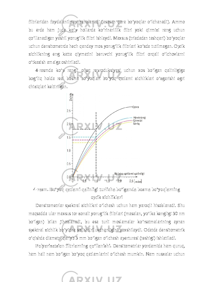 filtrlaridan foydalanilmay baholanadi (asosan qora bo’yoqlar o’lchanadi). Ammo bu erda ham juda ko’p hollarda ko’rinarlilik filtri yoki qirmizi rang uchun qo’llanadigan yashil yorug’lik filtri ishlaydi. Maxsus (triadadan tashqari) bo’yoqlar uchun densitometrda hech qanday mos yorug’lik filtrlari ko’zda tutilmagan. Optik zichlikning eng katta qiymatini beruvchi yorug’lik filtri orqali o’lchovlarni o’tkazish amalga oshiriladi. 4-rasmda ko’p rangli ofset reproduksiyasi uchun xos bo’lgan qalinligiga bog’liq holda real bosma bo’yoqlari bo’yoq qatlami zichliklari o’zgarishi egri chiziqlari keltirilgan. 4-rasm. Bo’yoq qatlami qalinligi turlicha bo’lganda bosma bo’yoqlarning optik zichliklari Densitometrlar spektral zichlikni o’lchash uchun ham yaroqli hisoblanadi. Shu maqsadda ular maxsus tor zonali yorug’lik filtrlari (masalan, yo’lka kengligi 30 nm bo’lgan) bilan jihozlanadi, bu esa turli moslamalar ko’rsatmalarining aynan spektral zichlik bo’yicha solishtiriluvchanligini yaxshilaydi. Odatda densitometrik o’qishda diametri qariyb 3 mm bo’lgan o’lchash aperturasi (teshigi) ishlatiladi. Polyarizatsion filtrlarning qo’llanishi. Densitometrlar yordamida ham quruq, ham hali nam bo’lgan bo’yoq qatlamlarini o’lchash mumkin. Nam nusxalar uchun Qora Havorang Qirmizi Sariq Bo’yoq qatlami qalinligi mkmZichlik 