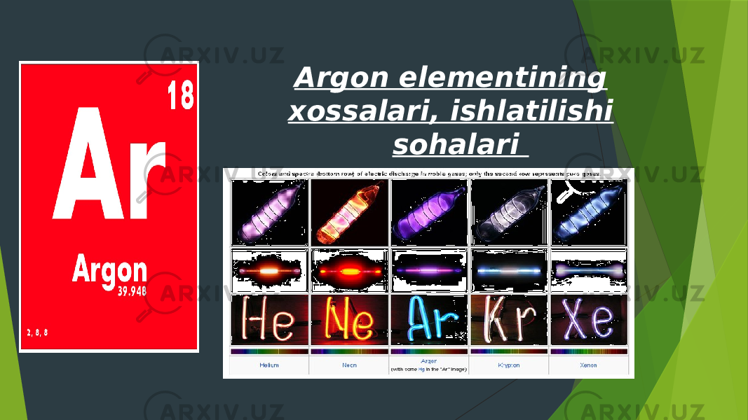 Argon elementining xossalari, ishlatilishi sohalari 