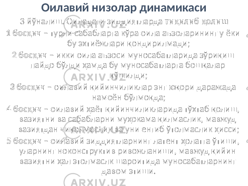 Оилавий низолар динамикаси 3 йўналиш. Оиладаги зиддиятларда тиқилиб қолиш 1 босқич – турли сабабларга кўра оила аъзоларининг у ёки бу эхтиёжлари қондирилмади; 2 босқич – икки оила аъзоси муносабатларида зўриқиш пайдо бўлди ҳамда бу муносабатларга бошқалар қўшилди; 3 босқич – оилавий қийинчиликлар энг юқори даражада намоён бўлмоқда; 4 босқич – оилавий ҳаёт қийинчиликларида тўхтаб қолиш, вазиятни ва сабабларни муҳокама қилмаслик, мавжуд вазиятдан чиқолмаслик ва уни енгиб ўтолмаслик ҳисси; 5 босқич – оилавий зиддиятларнинг латент ҳолатга ўтиши, уларнинг ноконструктив ривожланиши, мавжуд қийин вазиятни ҳал этолмаслк шароитида муносабатларнинг давом этиши. 