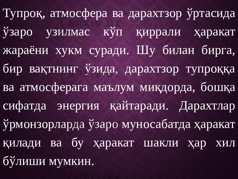 Тупроқ, атмосфера ва дарахтзор ўртасида ўзаро узилмас кўп қиррали ҳаракат жараёни хукм суради. Шу билан бирга, бир вақтнинг ўзида, дарахтзор тупроққа ва атмосферага маълум миқдорда, бошқа сифатда энергия қайтаради. Дарахтлар ўрмонзорларда ўзаро муносабатда ҳаракат қилади ва бу ҳаракат шакли ҳар хил бўлиши мумкин. 