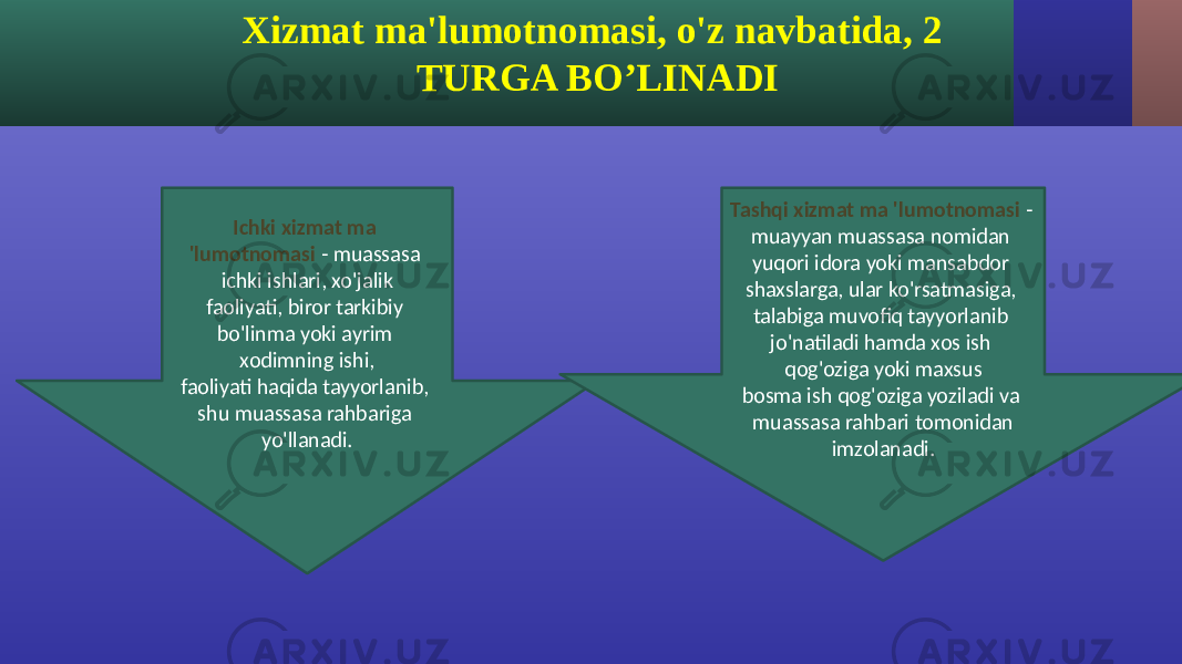 Ichki xizmat ma &#39;lumotnomasi - muassasa ichki ishlari, xo&#39;jalik faoliyati, biror tarkibiy bo&#39;linma yoki ayrim xodimning ishi, faoliyati haqida tayyorlanib, shu muassasa rahbariga yo&#39;llanadi. Tashqi xizmat ma &#39;lumotnomasi - muayyan muassasa nomidan yuqori idora yoki mansabdor shaxslarga, ular ko&#39;rsatmasiga, talabiga muvofiq tayyorlanib jo&#39;natiladi hamda xos ish qog&#39;oziga yoki maxsus bosma ish qog&#39;oziga yoziladi va muassasa rahbari tomonidan imzolanadi. Xizmat ma&#39;lumotnomasi, o&#39;z navbatida, 2 TURGA BO’LINADI 