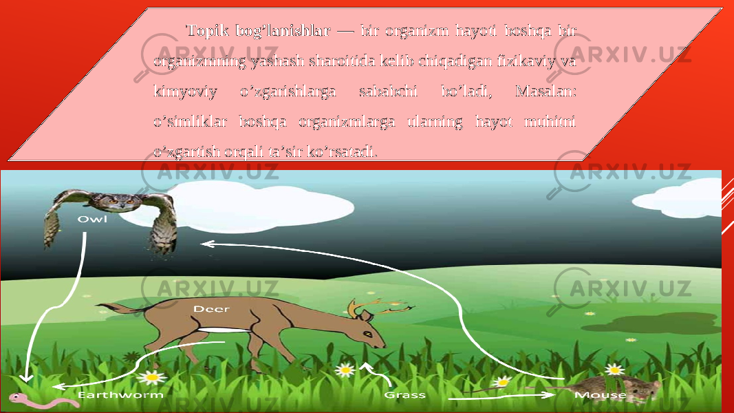 Topik bogʼlanishlar — bir organizm hayoti boshqa bir organizmning yashash sharoitida kelib chiqadigan fizikaviy va kimyoviy oʼzgarishlarga sababchi boʼladi, Masalan: oʼsimliklar boshqa organizmlarga ularning hayot muhitni oʼzgartish orqali taʼsir koʼrsatadi. 