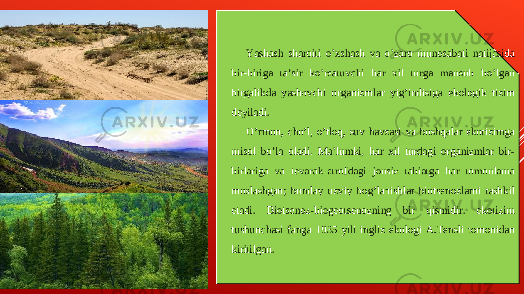 Yashash sharoiti o’xshash va o’zaro munosabati natijasida bir-biriga ta’sir ko’rsatuvchi har xil turga mansub bo’lgan birgalikda yashovchi organizmlar yig’indisiga ekologik tizim deyiladi. O’rmon, cho’l, o’tloq, suv havzasi va boshqalar ekotizimga misol bo’la oladi. Ma’lumki, har xil turdagi organizmlar bir- birlariga va tevarak-atrofdagi jonsiz tabiatga har tomonlama moslashgan; bunday uzviy bog’lanishlar biotsenozlarni tashkil etadi. Biotsenoz-biogeotsenozning bir qismidir. ekotizim tushunchasi fanga 1935 yili ingliz ekologi A.Tensli tomonidan kiritilgan. 