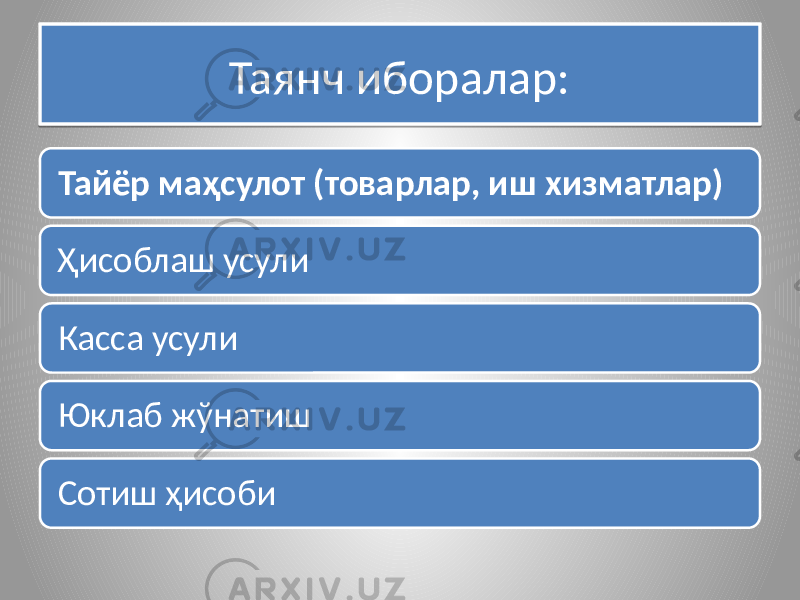 Таянч иборалар: Тайёр маҳсулот (товарлар, иш хизматлар) Ҳисоблаш усули Касса усули Юклаб жўнатиш Сотиш ҳисоби0A 