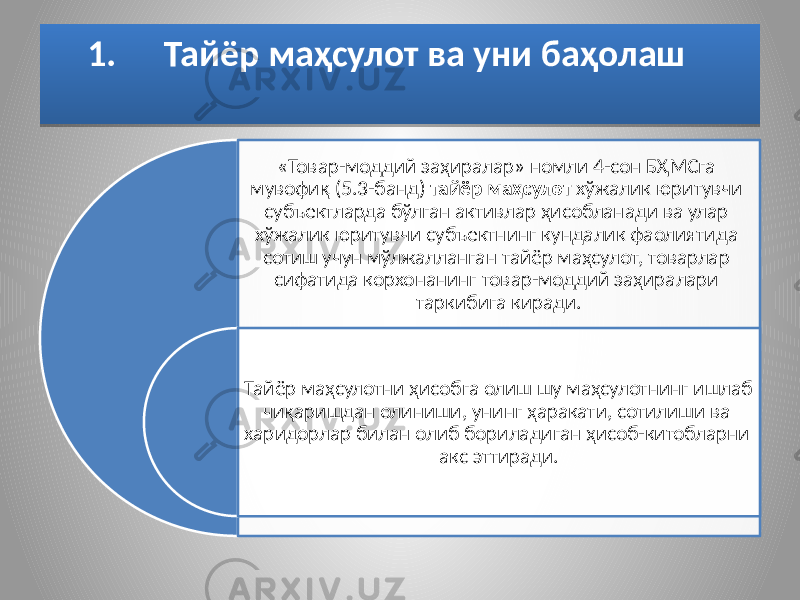 1. Тайёр маҳсулот ва уни баҳолаш «Товар-моддий заҳиралар» номли 4-сон БҲМСга мувофиқ (5.3-банд) тайёр маҳсулот хўжалик юритувчи субъектларда бўлган активлар ҳисобланади ва улар хўжалик юритувчи субъектнинг кундалик фаолиятида сотиш учун мўлжалланган тайёр маҳсулот, товарлар сифатида корхонанинг товар-моддий заҳиралари таркибига киради. Тайёр маҳсулотни ҳисобга олиш шу маҳсулотнинг ишлаб чиқаришдан олиниши, унинг ҳаракати, сотилиши ва харидорлар билан олиб бориладиган ҳисоб-китобларни акс эттиради. 362D 08 