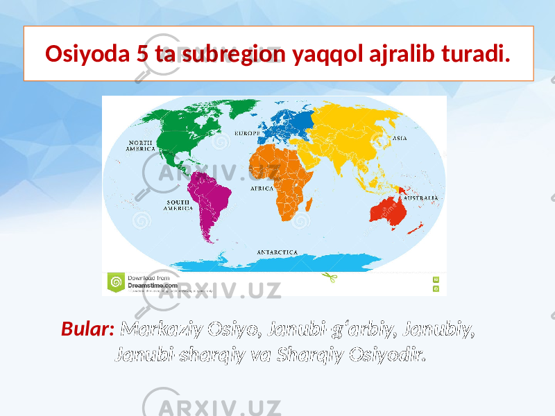 Osiyoda 5 ta subregion yaqqol ajralib turadi. Bular: Markaziy Osiyo, Janubi-g‘arbiy, Janubiy, Janubi-sharqiy va Sharqiy Osiyodir. 