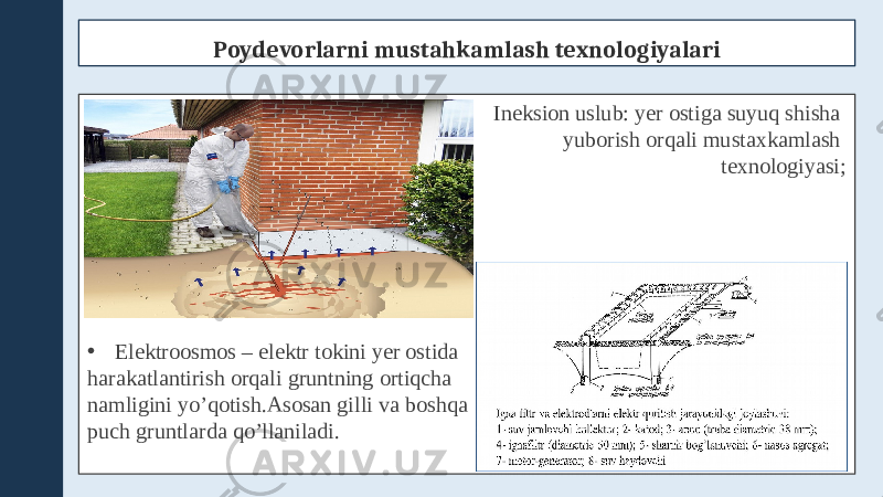 Poydevorlarni mustahkamlash texnologiyalari • Ineksion uslub: yer ostiga suyuq shisha yuborish orqali mustaxkamlash texnologiyasi; • Elektroosmos – elektr tokini yer ostida harakatlantirish orqali gruntning ortiqcha namligini yo’qotish.Asosan gilli va boshqa puch gruntlarda qo’llaniladi. 