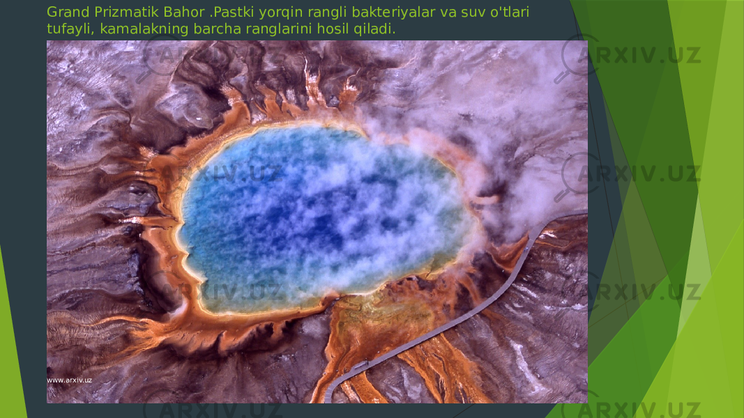 Grand Prizmatik Bahor .Pastki yorqin rangli bakteriyalar va suv o&#39;tlari tufayli, kamalakning barcha ranglarini hosil qiladi. www.arxiv.uz 