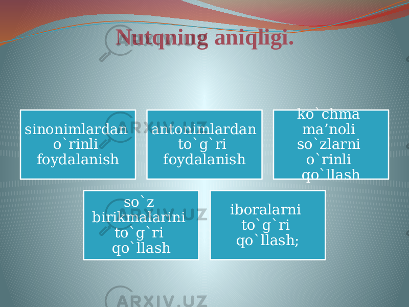 Nutqning aniqligi. sinonimlardan o`rinli foydalanish antonimlardan to`g`ri foydalanish ko`chma ma’noli so`zlarni o`rinli qo`llash so`z birikmalarini to`g`ri qo`llash iboralarni to`g`ri qo`llash; 