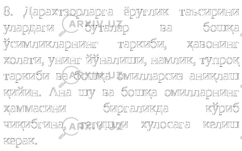 8. Дарахтзорларга ёруғлик таъсирини улардаги буталар ва бошқа ўсимликларнинг таркиби, ҳавонинг холати, унинг йўналиши, намлик, тупроқ таркиби ва бошқа омилларсиз аниқлаш қийин. Ана шу ва бошқа омилларнинг ҳаммасини биргаликда кўриб чиқибгина, тегишли хулосага келиш керак. 