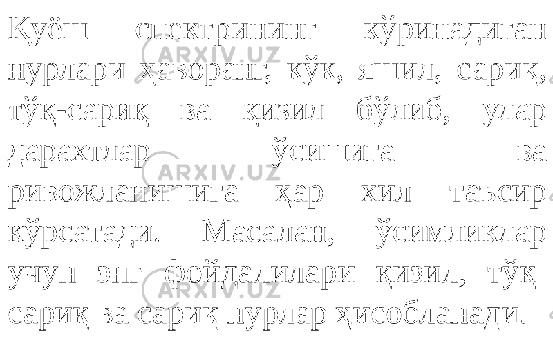 Қуёш спектрининг кўринадиган нурлари ҳаворанг, кўк, яшил, сариқ, тўқ-сариқ ва қизил бўлиб, улар дарахтлар ўсишига ва ривожланишига ҳар хил таъсир кўрсатади. Масалан, ўсимликлар учун энг фойдалилари қизил, тўқ- сариқ ва сариқ нурлар ҳисобланади. 