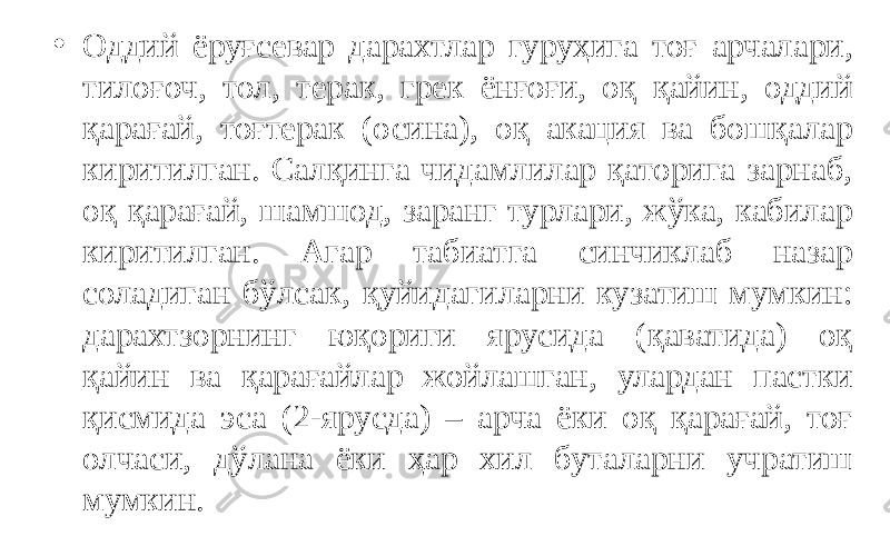 • Оддий ёруғсевар дарахтлар гуруҳига тоғ арчалари, тилоғоч, тол, терак, грек ёнғоғи, оқ қайин, оддий қарағай, тоғтерак (осина), оқ акация ва бошқалар киритилган. Салқинга чидамлилар қаторига зарнаб, оқ қарағай, шамшод, заранг турлари, жўка, кабилар киритилган. Агар табиатга синчиклаб назар соладиган бўлсак, қуйидагиларни кузатиш мумкин: дарахтзорнинг юқориги ярусида (қаватида) оқ қайин ва қарағайлар жойлашган, улардан пастки қисмида эса (2-ярусда) – арча ёки оқ қарағай, тоғ олчаси, дўлана ёки ҳар хил буталарни учратиш мумкин. 