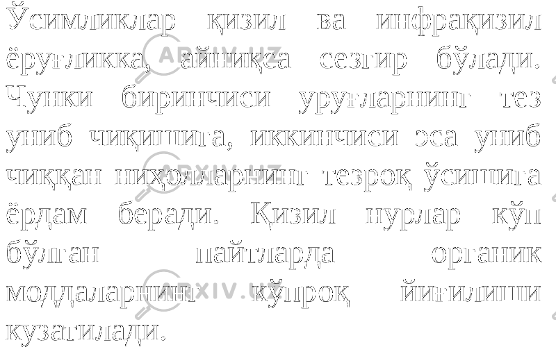 Ўсимликлар қизил ва инфрақизил ёруғликка, айниқса сезгир бўлади. Чунки биринчиси уруғларнинг тез униб чиқишига, иккинчиси эса униб чиққан ниҳолларнинг тезроқ ўсишига ёрдам беради. Қизил нурлар кўп бўлган пайтларда органик моддаларнинг кўпроқ йиғилиши кузатилади. 