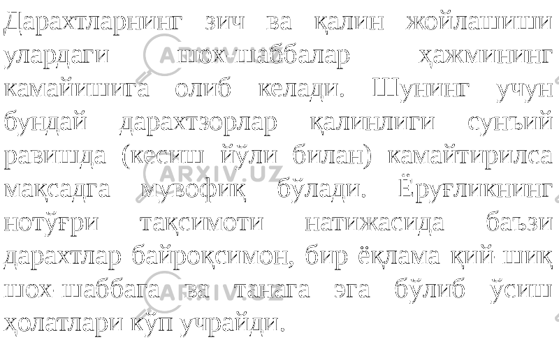 Дарахтларнинг зич ва қалин жойлашиши улардаги шох-шаббалар ҳажмининг камайишига олиб келади. Шунинг учун бундай дарахтзорлар қалинлиги сунъий равишда (кесиш йўли билан) камайтирилса мақсадга мувофиқ бўлади. Ёруғликнинг нотўғри тақсимоти натижасида баъзи дарахтлар байроқсимон, бир ёқлама қий-шиқ шох-шаббага ва танага эга бўлиб ўсиш ҳолатлари кўп учрайди. 