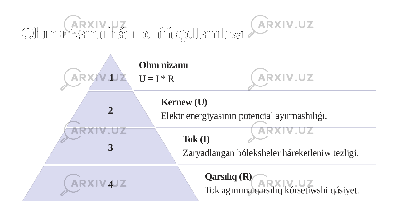 Ohm nizamı hám oniń qollanılıwı 1 Ohm nizamı U = I * R 2 Kernew (U) Elektr energiyasının potencial ayırmashılıǵı. 3 Tok (I) Zaryadlangan bóleksheler háreketleniw tezligi. 4 Qarsılıq (R) Tok agımına qarsılıq kórsetiwshi qásiyet. 