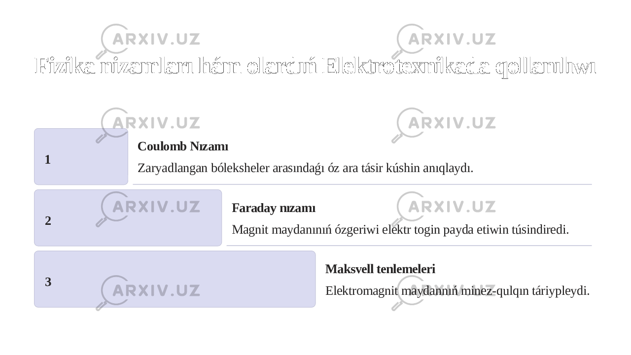 Fizika nizamları hám olardıń Elektrotexnikada qollanılıwı 1 Coulomb Nızamı Zaryadlangan bóleksheler arasındaǵı óz ara tásir kúshin anıqlaydı. 2 Faraday nızamı Magnit maydanınıń ózgeriwi elektr togin payda etiwin túsindiredi. 3 Maksvell tenlemeleri Elektromagnit maydannıń minez-qulqın táriypleydi. 