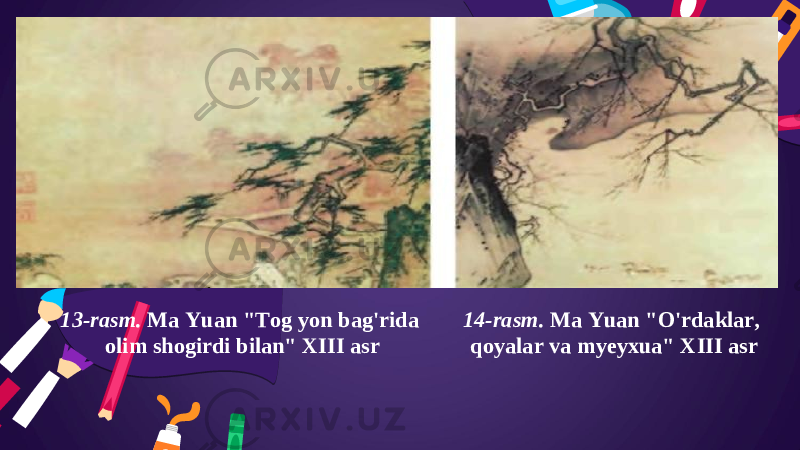 13-rasm. Ma Yuan &#34;Tog yon bag&#39;rida olim shogirdi bilan&#34; XIII asr 14-rasm. Ma Yuan &#34;O&#39;rdaklar, qoyalar va myeyxua&#34; XIII asr 